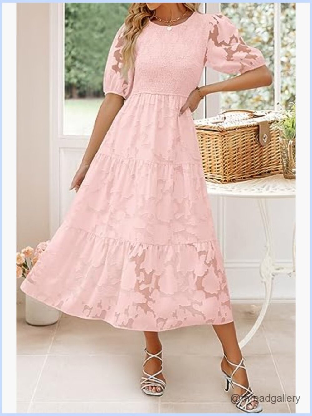 Puff Sleeve Smocked Floral Lace Tiered Maxi Dress - Picture 2 of 7